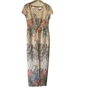 Adrianna Papell Matelasse Blush Floral Column Gown 10 Textured Metallic Wedding